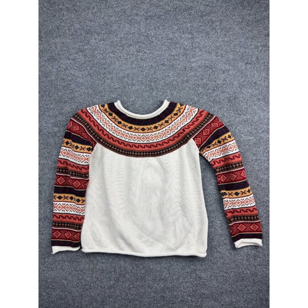 Sahalie Sweater Women's Small Cream Boho Aztec Fair Isle Knit Pullover Cotton